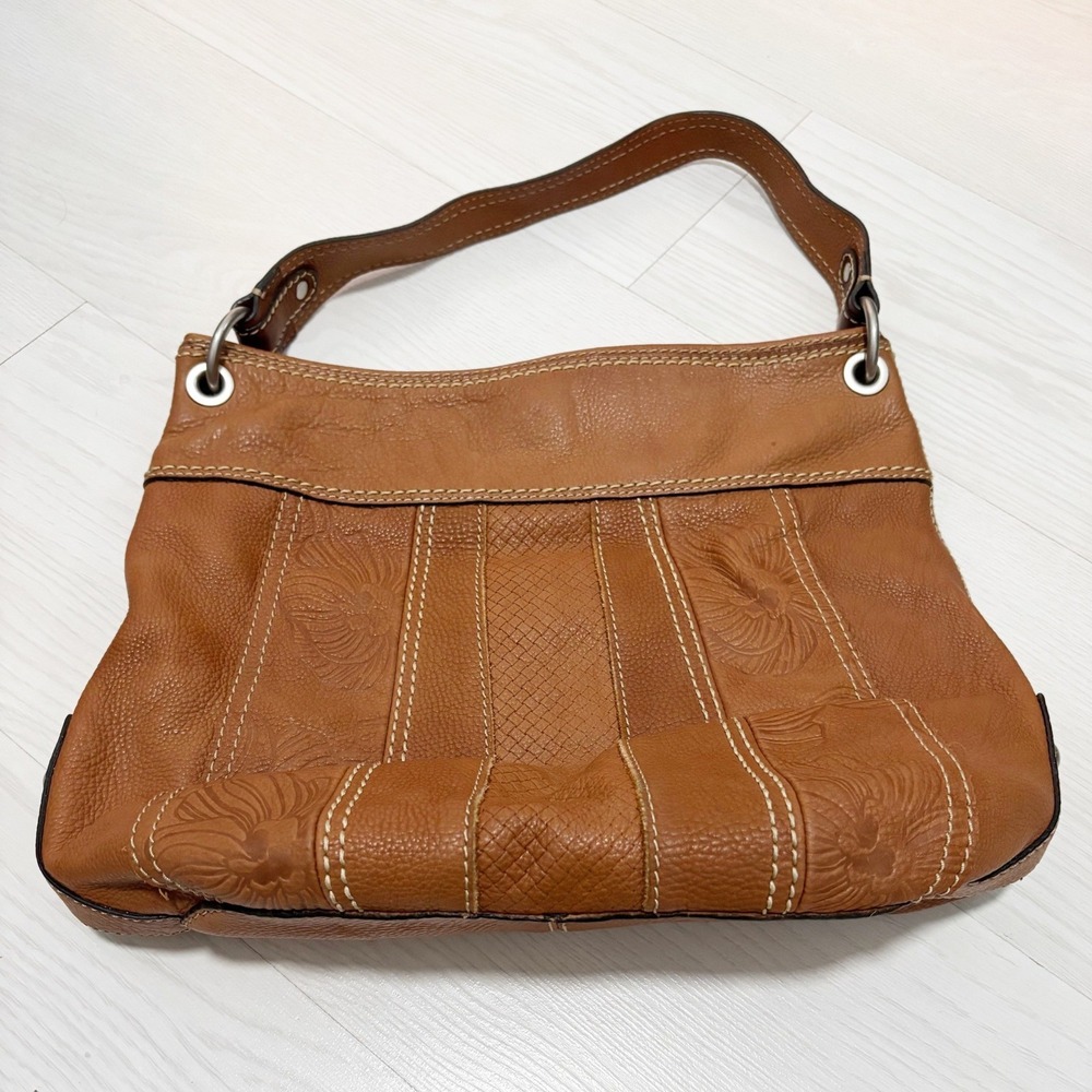 Fossil Hobo Bag Women Medium Tan Leather Floral Embossed Boho Shoulder Bag